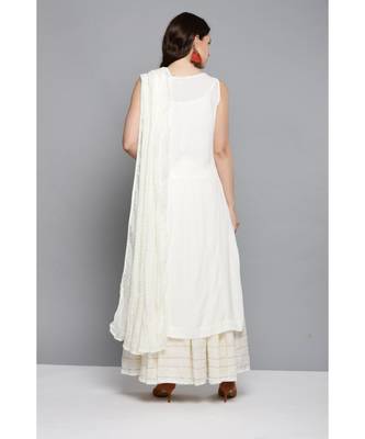 Ritu Kumar Off White Sleeveless Long Solid Kurta With Skirt And Dupatta 4