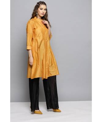 Ritu Kumar Yellow 3/4 Sleeve Solid Chanderi Kurti 3