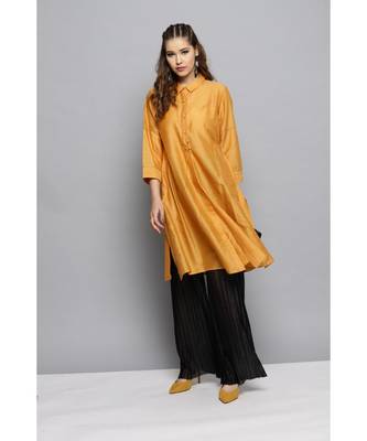 Ritu Kumar Yellow 3/4 Sleeve Solid Chanderi Kurti 5