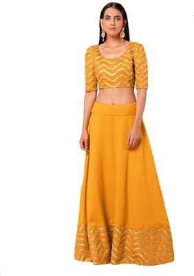 Mustard mirror cotton silk semi stitched lehenga 1