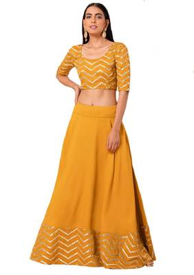 Mustard mirror cotton silk semi stitched lehenga 2