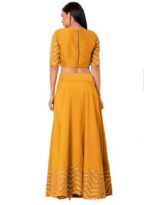 Mustard mirror cotton silk semi stitched lehenga 4
