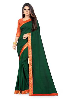 Green plain silk saree with blouse 1
