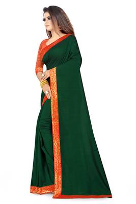 Green plain silk saree with blouse 2