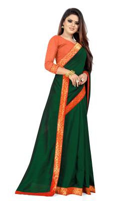 Green plain silk saree with blouse 3