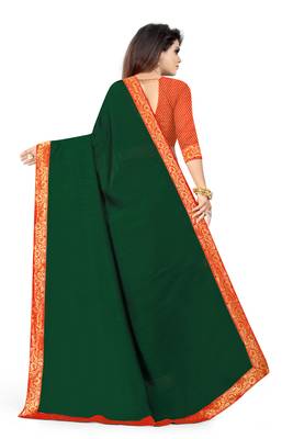 Green plain silk saree with blouse 4