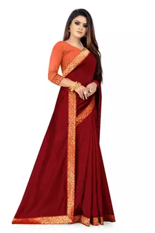Red plain silk saree with blouse