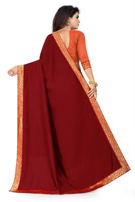 Red plain silk saree with blouse 4