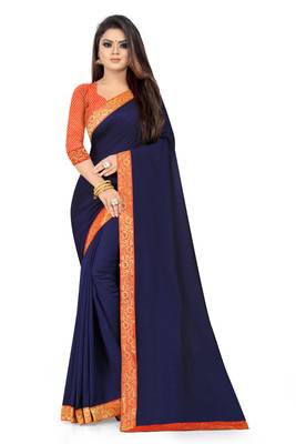 Blue plain silk saree with blouse 1