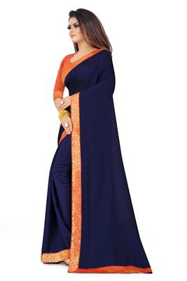 Blue plain silk saree with blouse 2