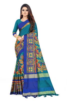 Blue embroidered cotton silk saree with blouse 1