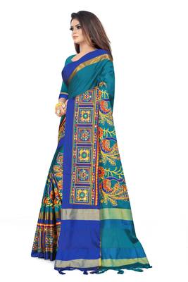 Blue embroidered cotton silk saree with blouse 2