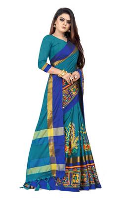 Blue embroidered cotton silk saree with blouse 3