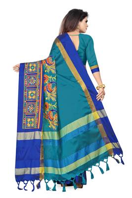 Blue embroidered cotton silk saree with blouse 4