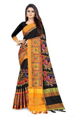 Black embroidered cotton silk saree with blouse 1