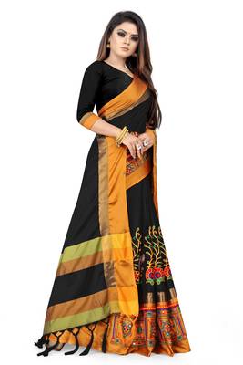 Black embroidered cotton silk saree with blouse 3