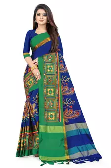 Blue embroidered cotton silk saree with blouse