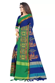 Blue embroidered cotton silk saree with blouse