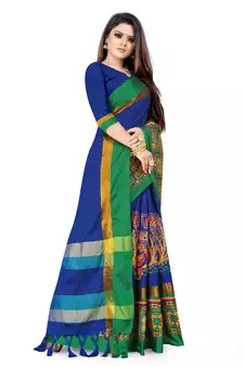 Blue embroidered cotton silk saree with blouse