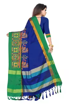 Blue embroidered cotton silk saree with blouse