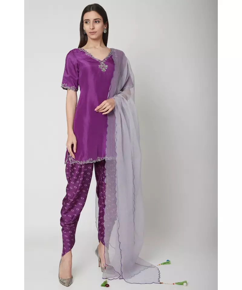 Nangalia Ruchira Purple embroidered Short Kurta with dhoti and dupatta