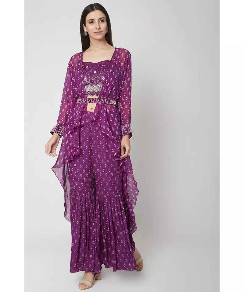 Nangalia Ruchira Purple Embellished handwork blouse with sharara and cape with belt 