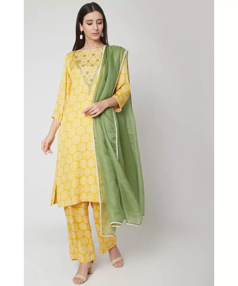 Nangalia Ruchira Yellow Printed kurta set with palazzo and dupatta