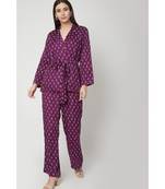 Nangalia Ruchira Purple printed robed jacket with pants cinched w ith a belt