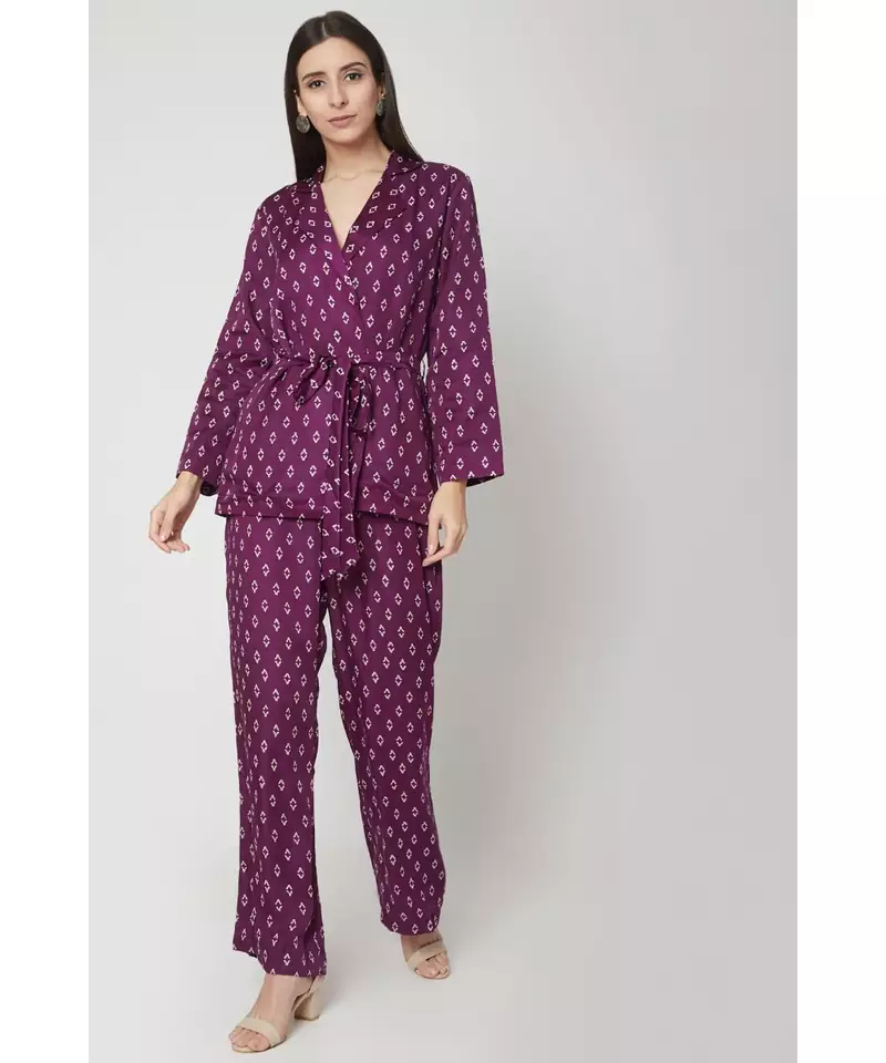Nangalia Ruchira Purple printed robed jacket with pants cinched w ith a belt