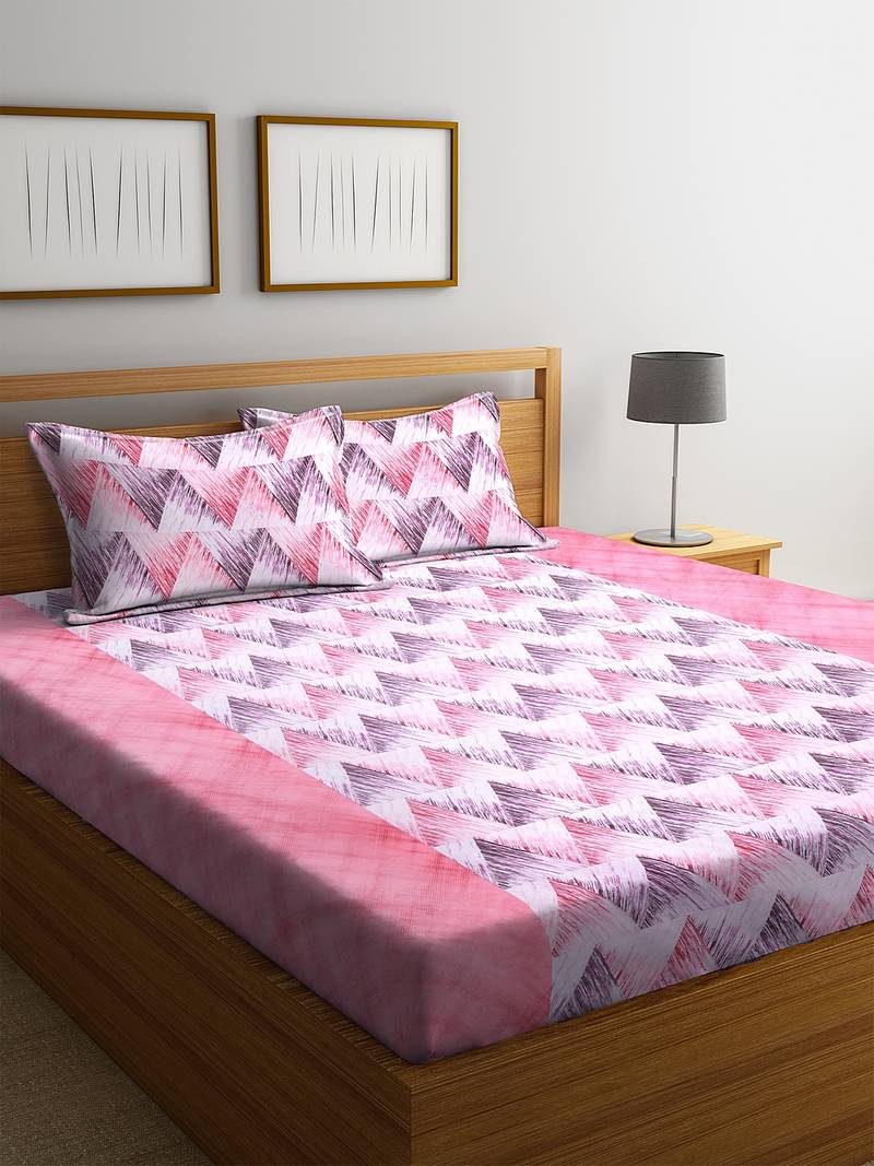 NEUDIS BY Dhrohar Cotton Geometric  210 TC Printed Flat Double Bedsheet with 2 pillow covers- Pink - Size - 90 X 98 Inch