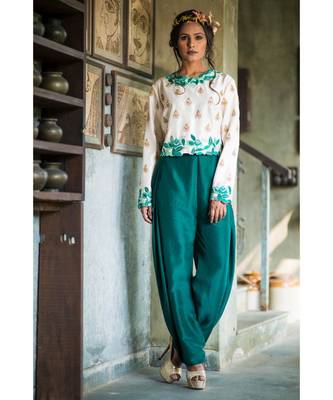 aarbee green embroidered silk top bottom set 1