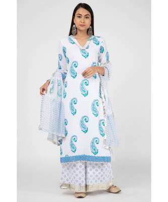 White Cyan Cotton Suit Set 1
