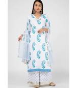 White Cyan Cotton Suit Set