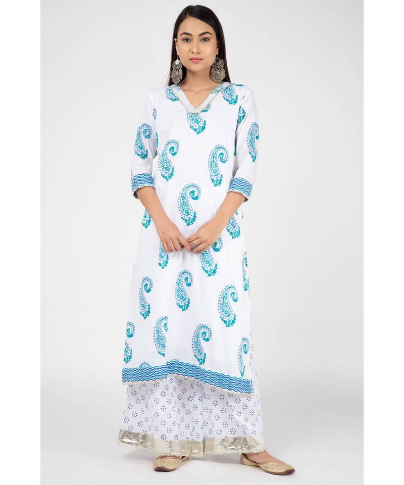 White Cyan Cotton Suit Set