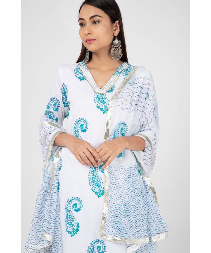 White Cyan Cotton Suit Set