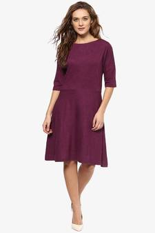 Women's Magenta Solid Slim Fit 3/4 Sleeves Round Neck Mini Skater Dresses
