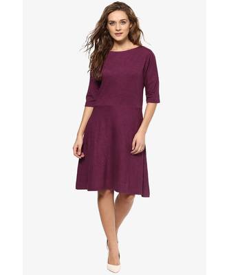 Women's Magenta Solid Slim Fit 3/4 Sleeves Round Neck Mini Skater Dresses 1