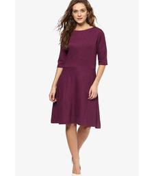 Women's Magenta Solid Slim Fit 3/4 Sleeves Round Neck Mini Skater Dresses