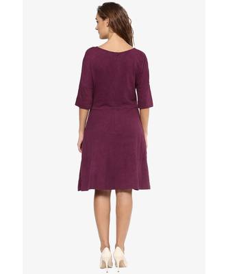 Women's Magenta Solid Slim Fit 3/4 Sleeves Round Neck Mini Skater Dresses 3