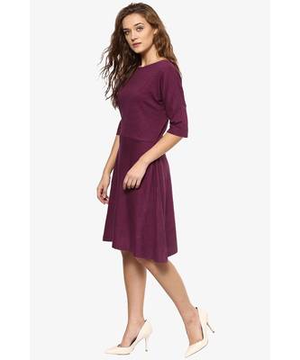 Women's Magenta Solid Slim Fit 3/4 Sleeves Round Neck Mini Skater Dresses 4