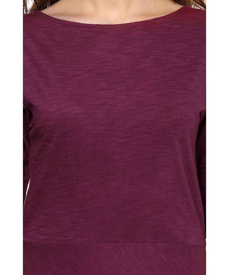 Women's Magenta Solid Slim Fit 3/4 Sleeves Round Neck Mini Skater Dresses