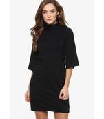 Women's Black Solid 3/4 Sleeves Round Neck Mini Shift Dresses