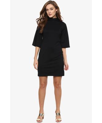 Women's Black Solid 3/4 Sleeves Round Neck Mini Shift Dresses 2