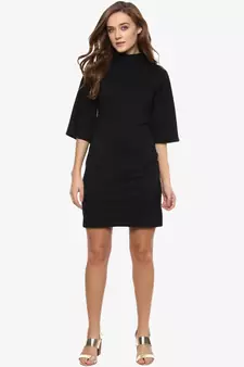 Women's Black Solid 3/4 Sleeves Round Neck Mini Shift Dresses