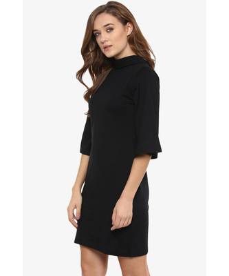 Women's Black Solid 3/4 Sleeves Round Neck Mini Shift Dresses 4