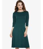 Women's Green Cotton Round Neck 3/4 Sleeve Solid Mini Skater Dress