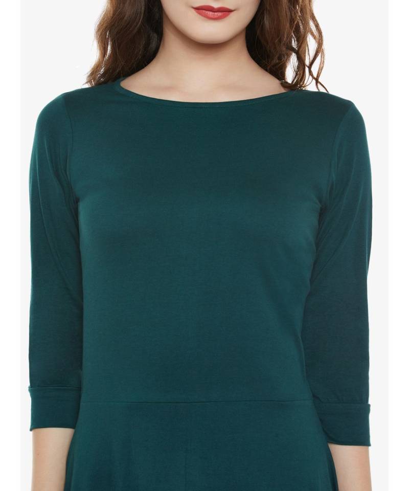 Women's Green Cotton Round Neck 3/4 Sleeve Solid Mini Skater Dress