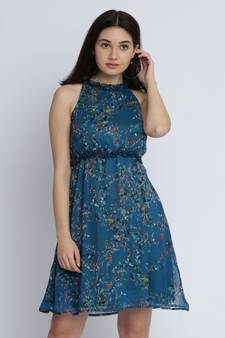Women's Multicolored Round Neck Sleeveless Floral Ruffled Gathered Knee-Long Skater Dress