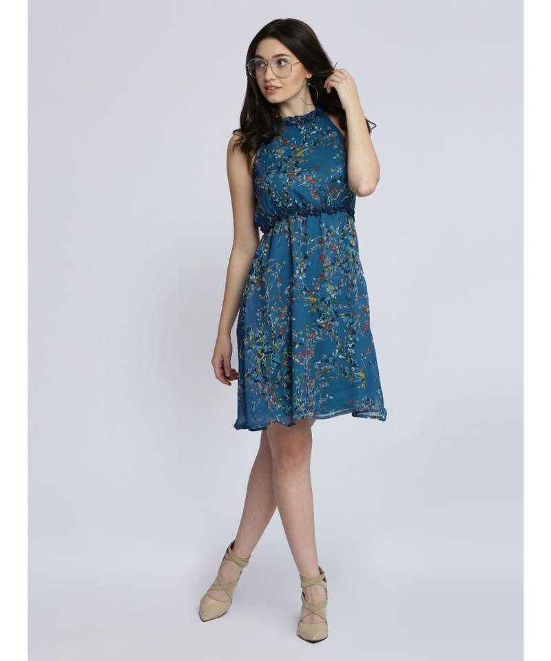 Women's Multicolored Round Neck Sleeveless Floral Ruffled Gathered Knee-Long Skater Dress