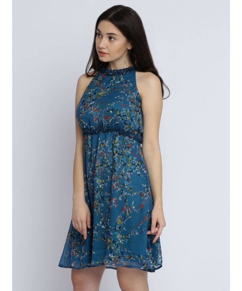 Women's Multicolored Round Neck Sleeveless Floral Ruffled Gathered Knee-Long Skater Dress